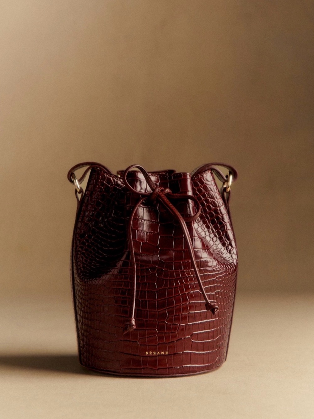 NWT Sezane Chocolate Croc-Embossed Drawstring Bucket Bag - Picture 1 of 10
